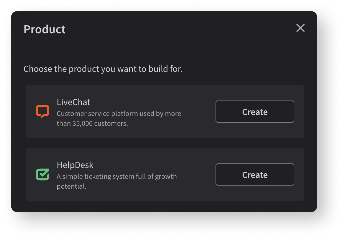 Creating HelpDesk apps choosing the product