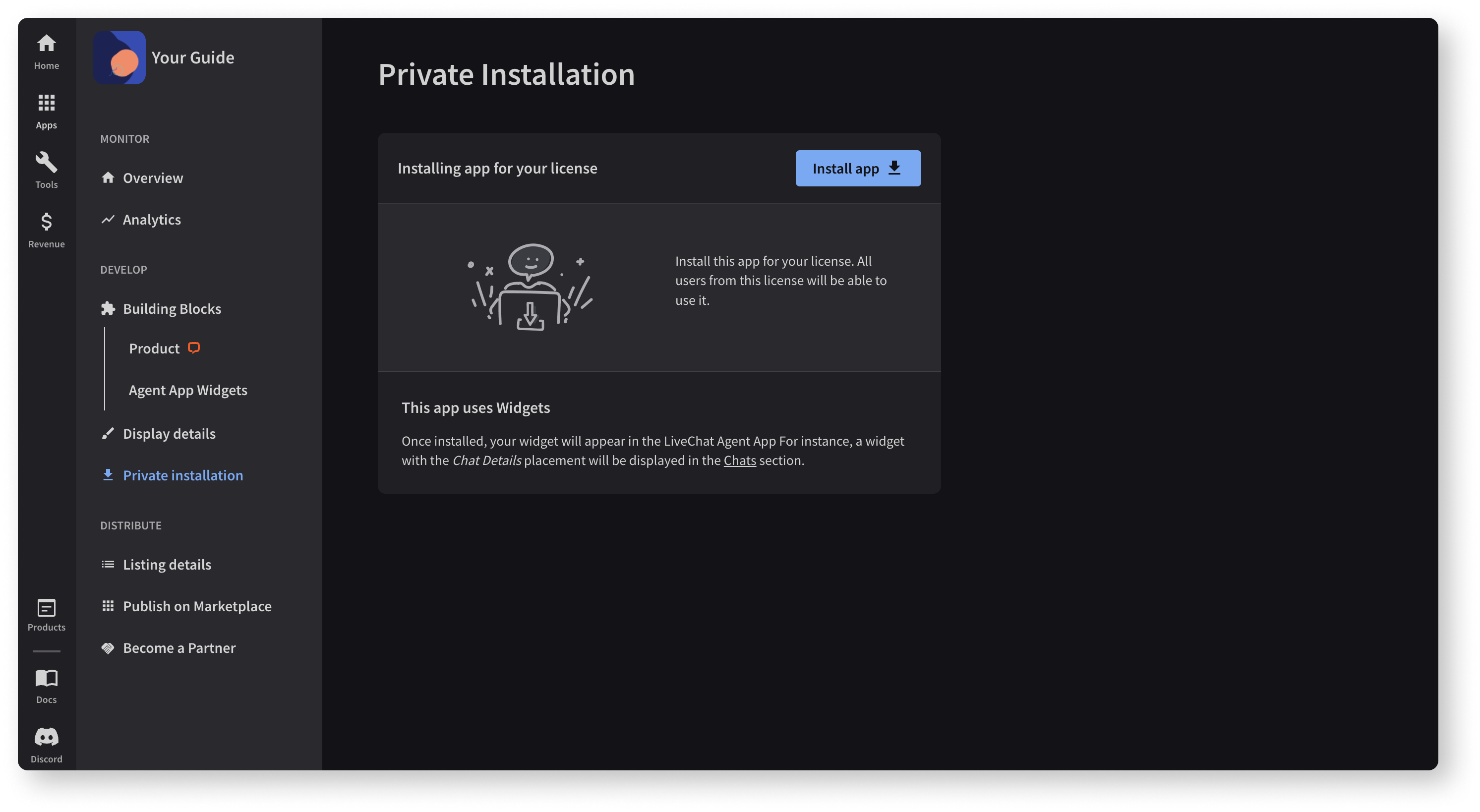 Creating LiveChat apps step 5, private installation